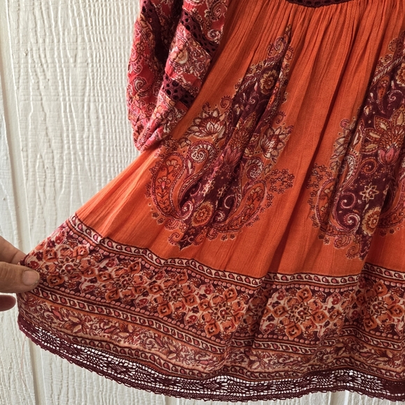 FREE PEOPLE Luna Boho Gypsy India Print V Neck Peasant Dress Orange Red Small - Picture 9 of 13